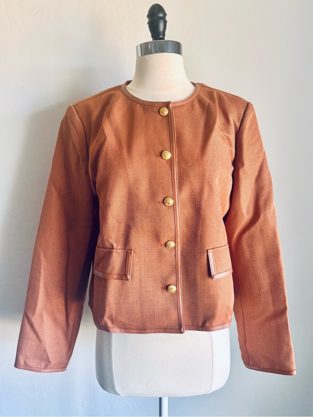 RIHOAS Womens Camel Brown Button Front Collarless Blazer Jacket, Sz 6 NWT